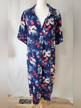 Navy Floral Button-Front Aline Dress With Pockets